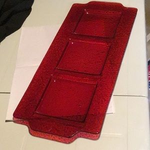 Red glass serving dish with 3 separate divided spaces., NEW